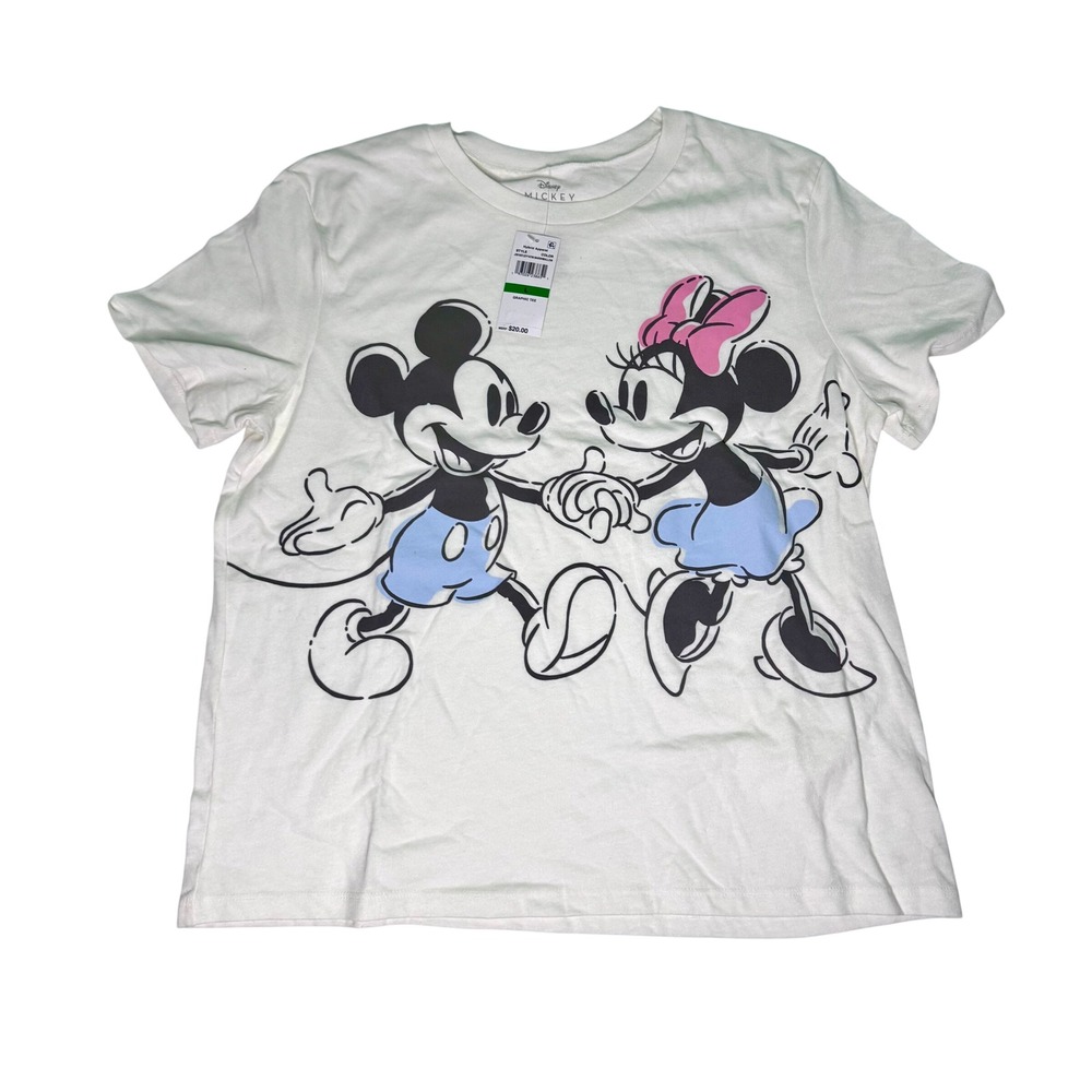 Disney Mickey and Minnie Mouse Graphic T-Shirt Cream Womens Large NWT